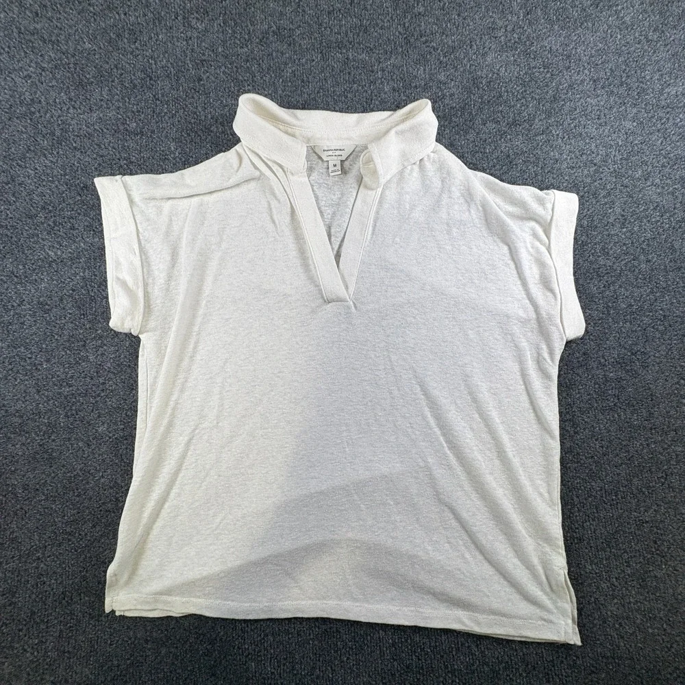 Banana Republic Polo Shirt Womens Medium White Linen Johnny Collar Cuffed Sleeve